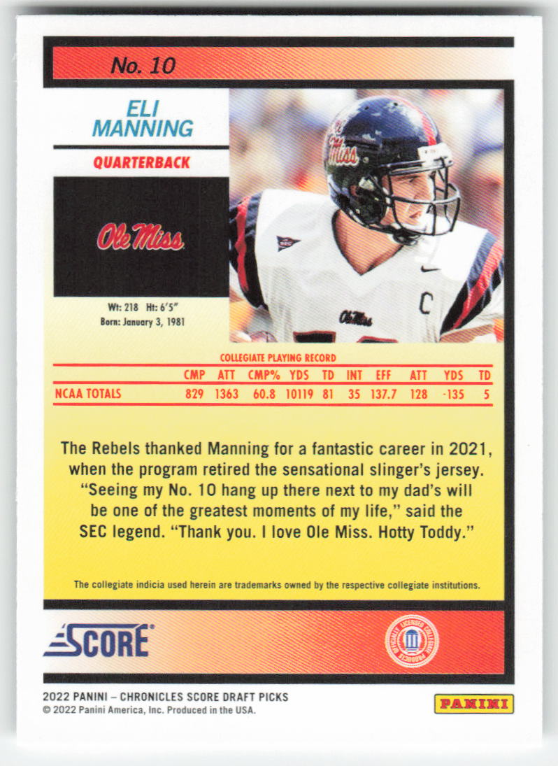 2022 Panini Chronicles Draft Picks #10 Eli Manning Score Retro Ole Miss FB1-302