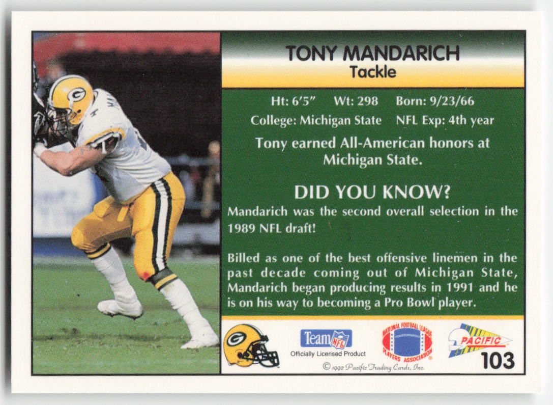 1992 Pacific #103 Tony Mandarich Green Bay Packers FB1-317