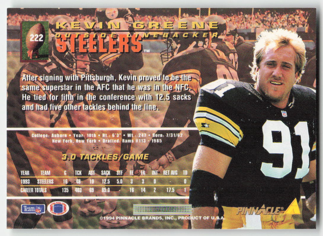 1994 Pinnacle #222 Kevin Greene Pittsburgh Steelers FB1-335