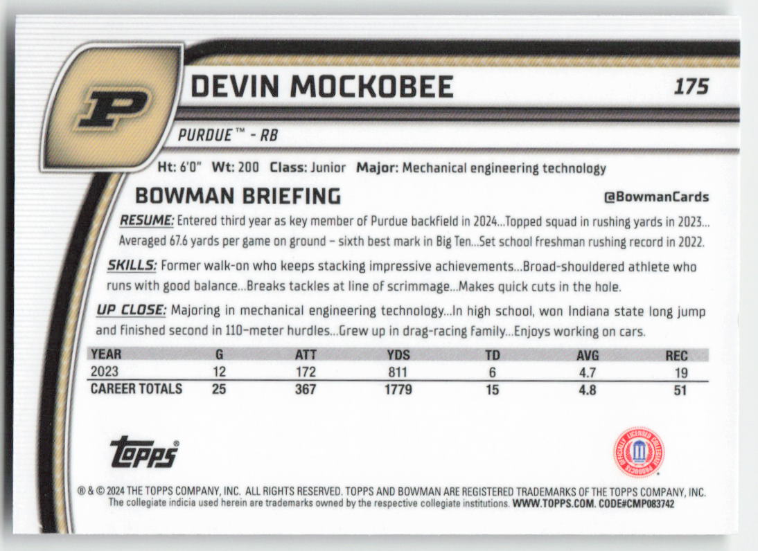 2024 Bowman University Chrome #175 Devin Mockobee Purdue Boilermakers FB1-348