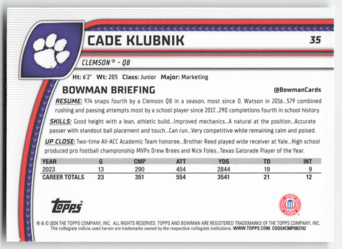 2024 Bowman University Chrome #35 Cade Klubnik Clemson Tigers FB1-350
