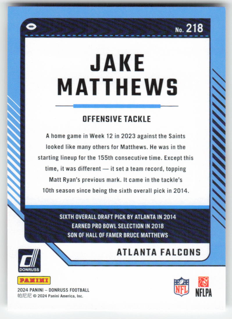 2024 Donruss #218 Jake Matthews Atlanta Falcons FB1-357