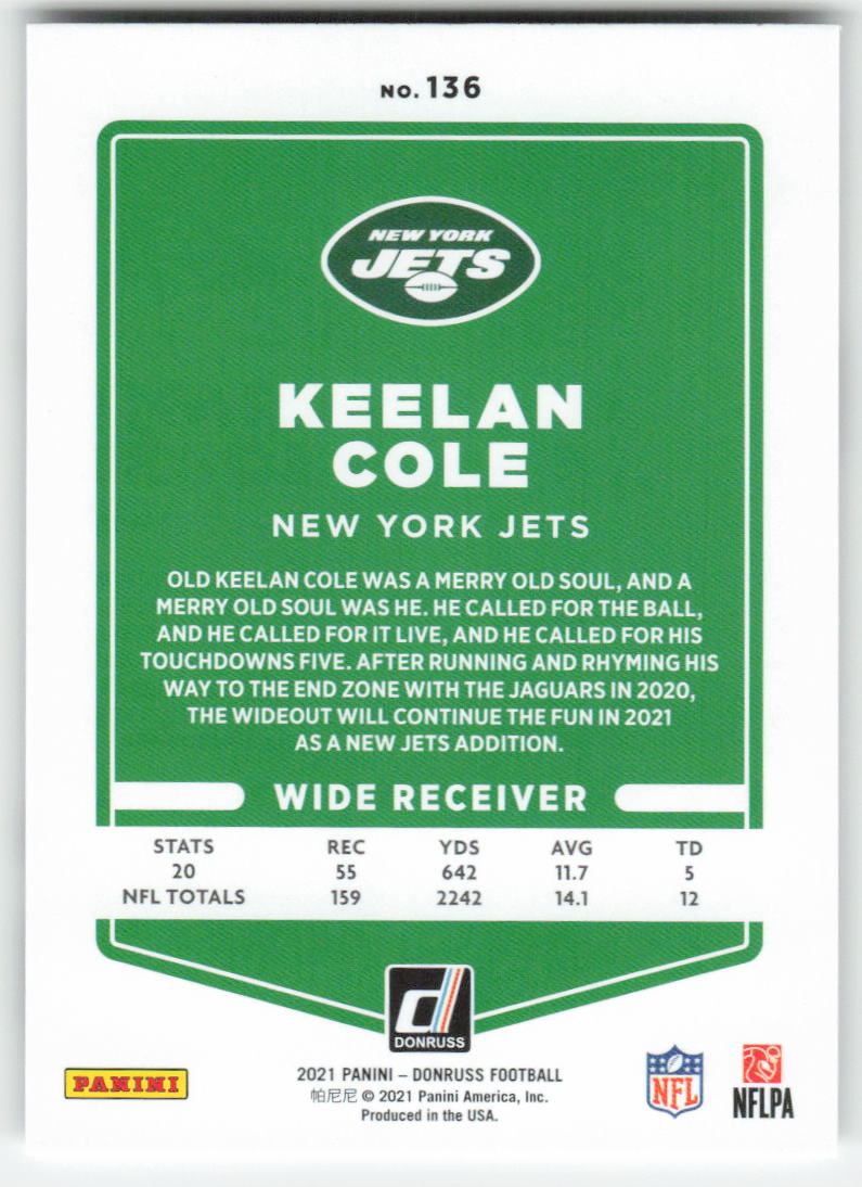 2021 Donruss #136 Keelan Cole New York Jets FB1-409