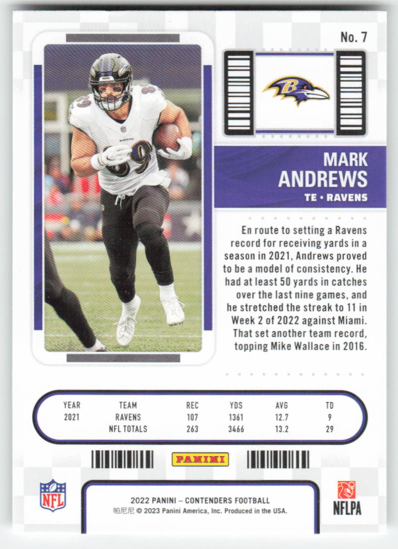 2022 Panini Contenders #7 Mark Andrews Baltimore Ravens FB1-424