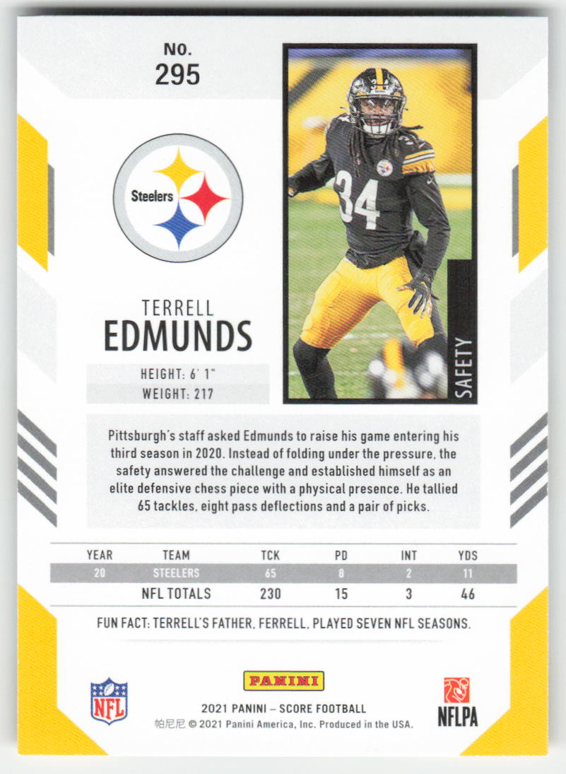 2021 Score #295 Terrell Edmunds Pittsburgh Steelers FB1-448