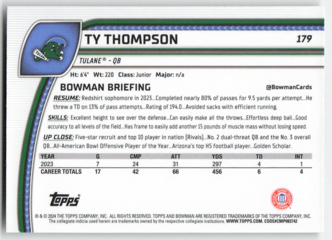 2024 Bowman University Chrome #179 Ty Thompson Tulane Green Wave FB1-478