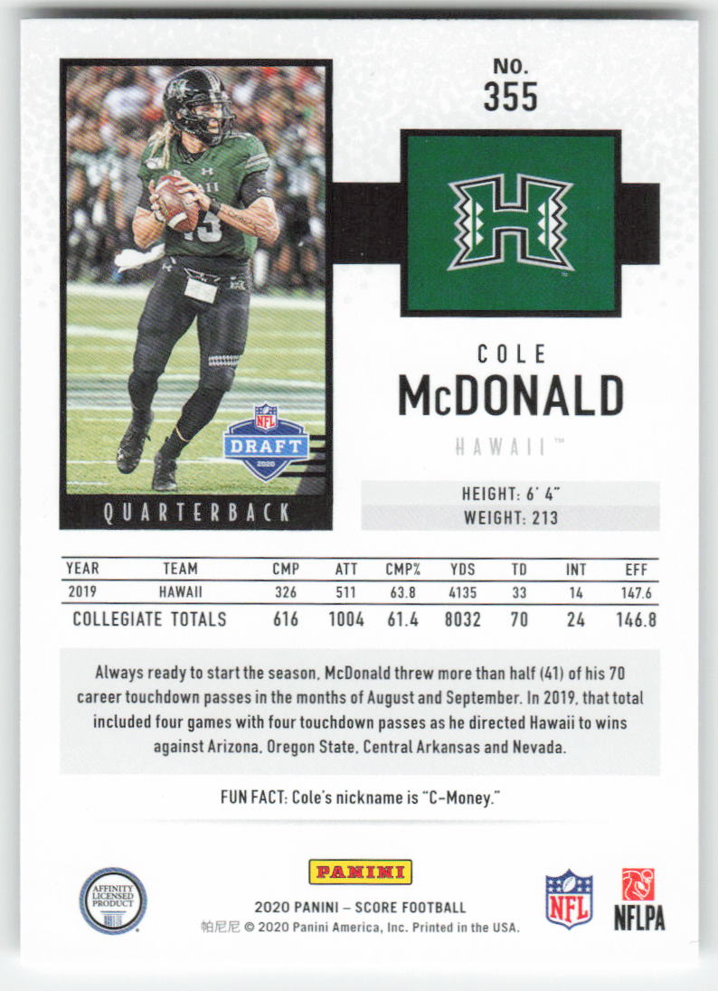 2020 Score #355 Cole McDonald Hawaii Rainbow Warriors Rookie FB1-482