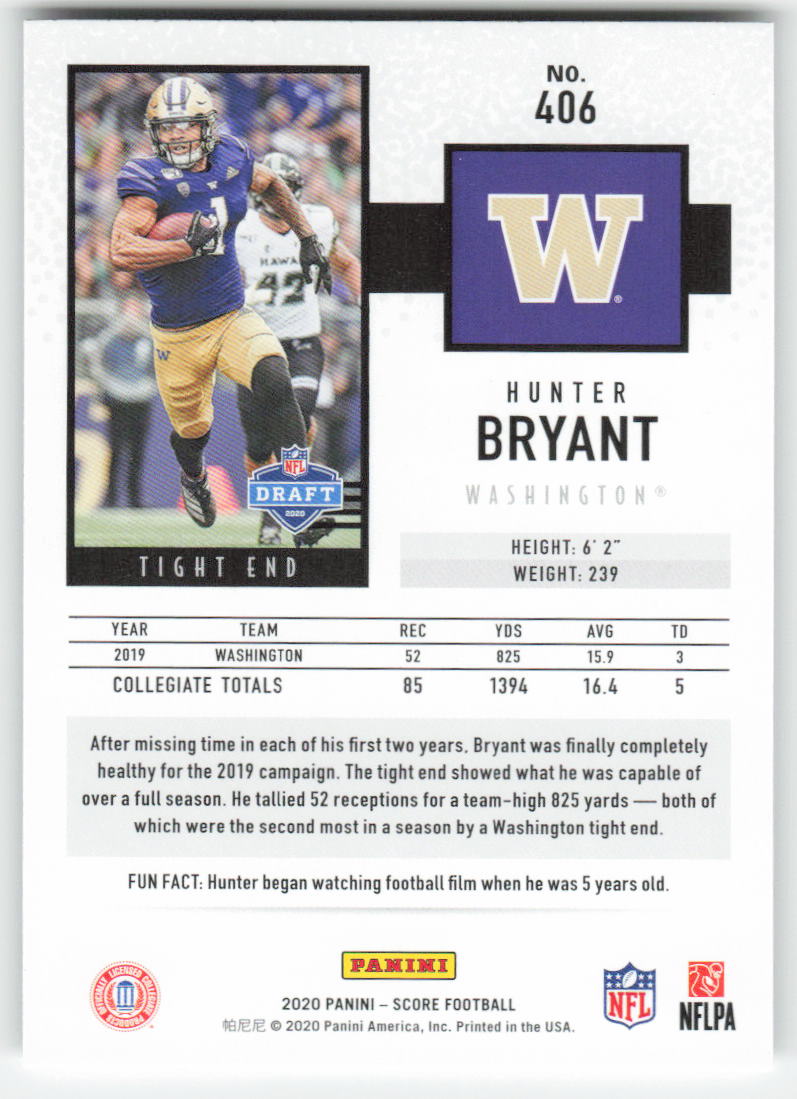 2020 Score #406 Hunter Bryant Washington Huskies Rookie FB1-484