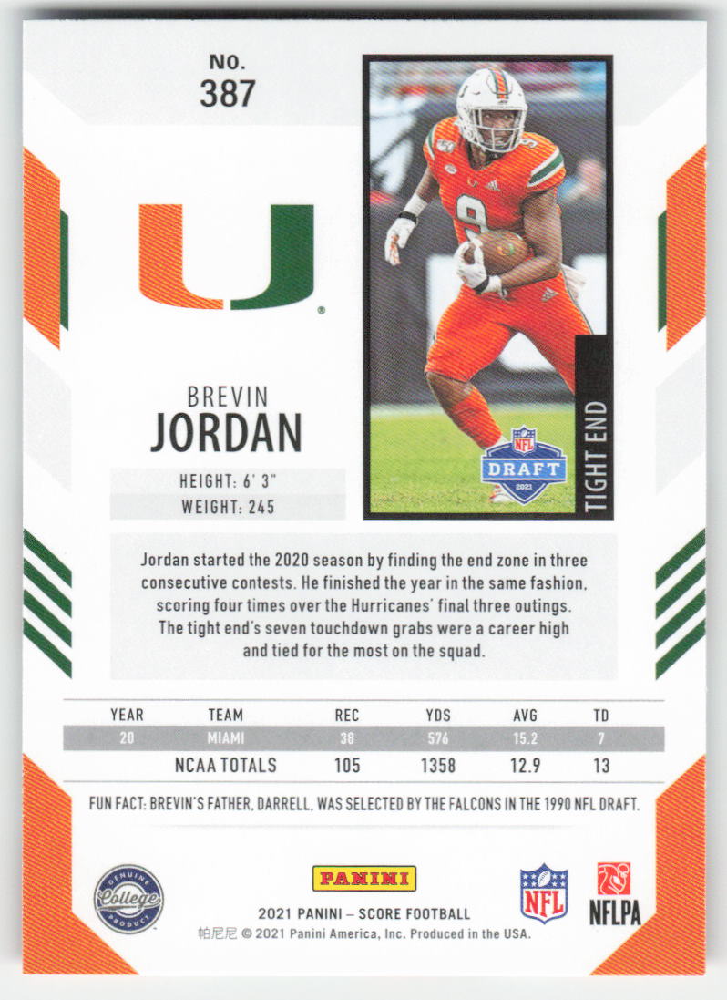 2021 Score #387 Brevin Jordan Miami Hurricanes Rookie FB1-494