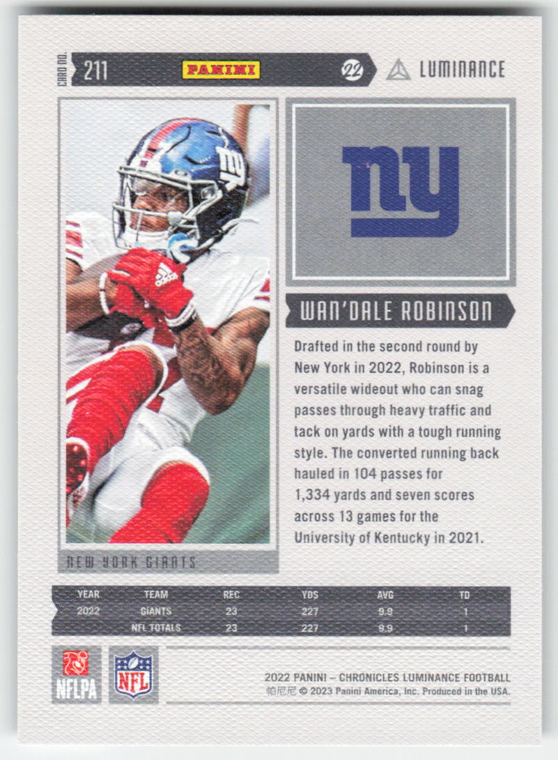 2022 Panini Chronicles #211 Wan'Dale Robinson Luminance Update Giants FB1-499