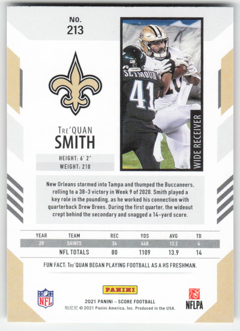 2021 Score #213 Tre'Quan Smith Red New Orleans Saints FB1-503