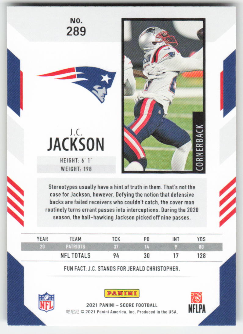 2021 Score #289 J.C. Jackson Gold New England Patriots FB1-504