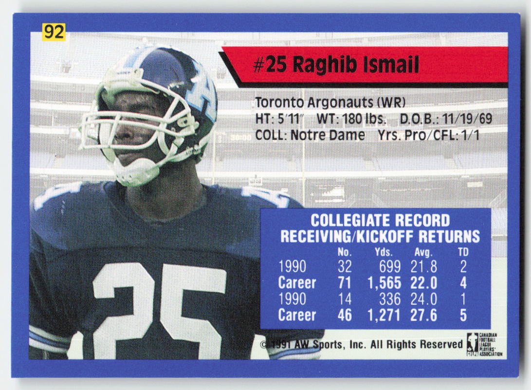 1991 All World CFL French #92 Raghib Ismail Toronto Argonauts FB1-514
