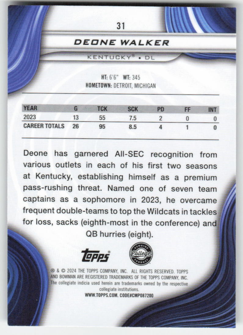 2024 Bowman University Best #31 Deone Walker Kentucky Wildcats FB1-516