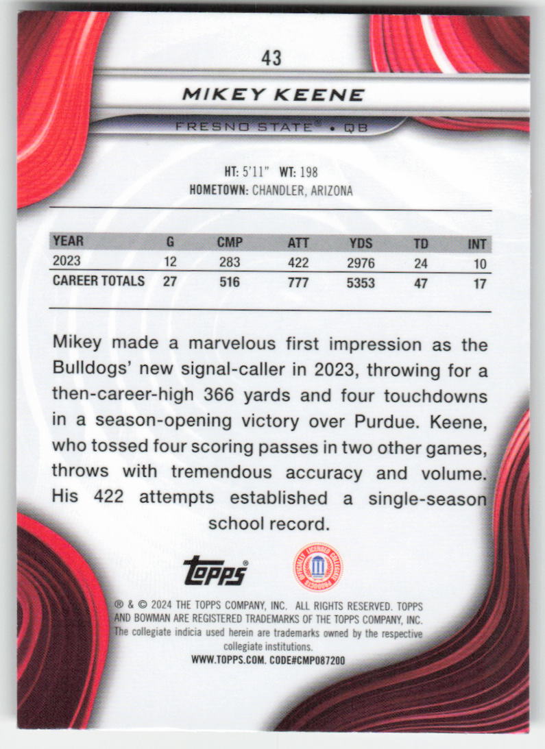 2024 Bowman University Best #43 Mikey Keene Fresno State Bulldogs FB1-517