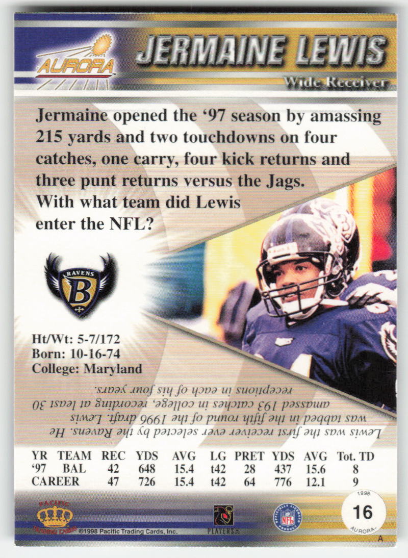 1998 Pacific Aurora #16 Jermaine Lewis Baltimore Ravens FB1-526
