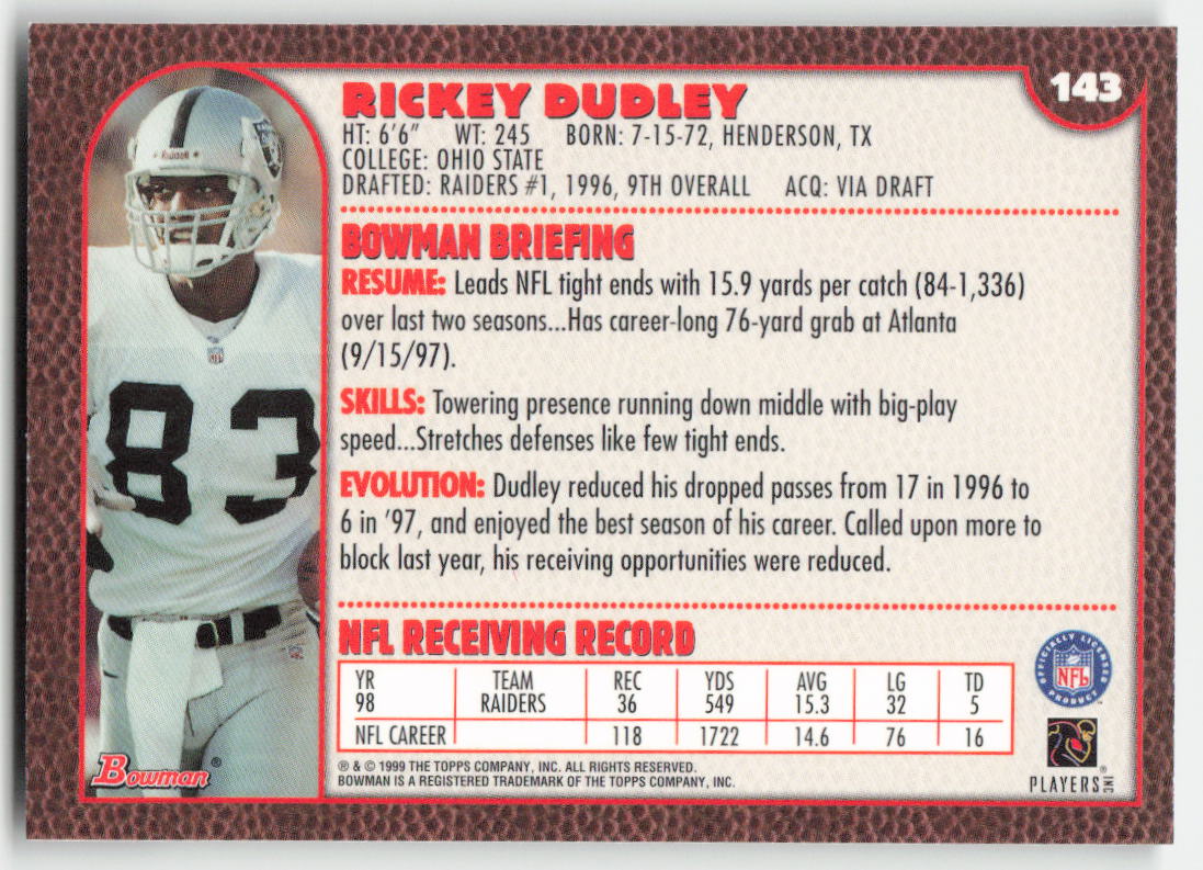 1999 Bowman #143 Rickey Dudley Oakland Raiders FB1-534