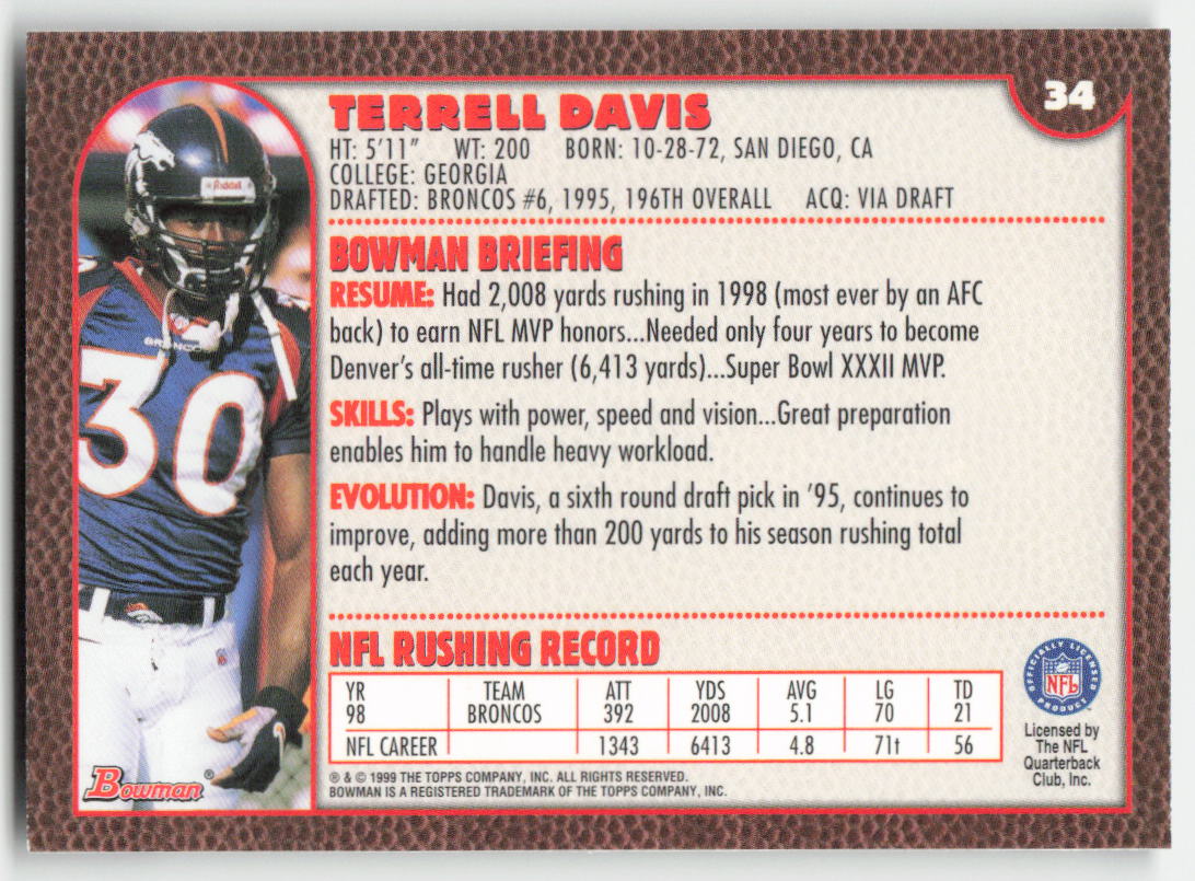 1999 Bowman #34 Terrell Davis Denver Broncos FB1-535