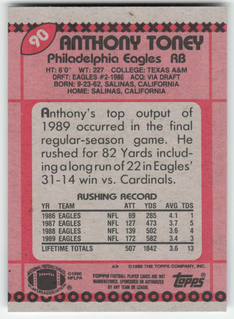 1990 Topps #90 Anthony Toney Philadelphia Eagles FB1-555