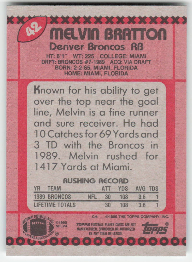 1990 Topps #42b Melvin Bratton Denver Broncos Rookie FB1-562
