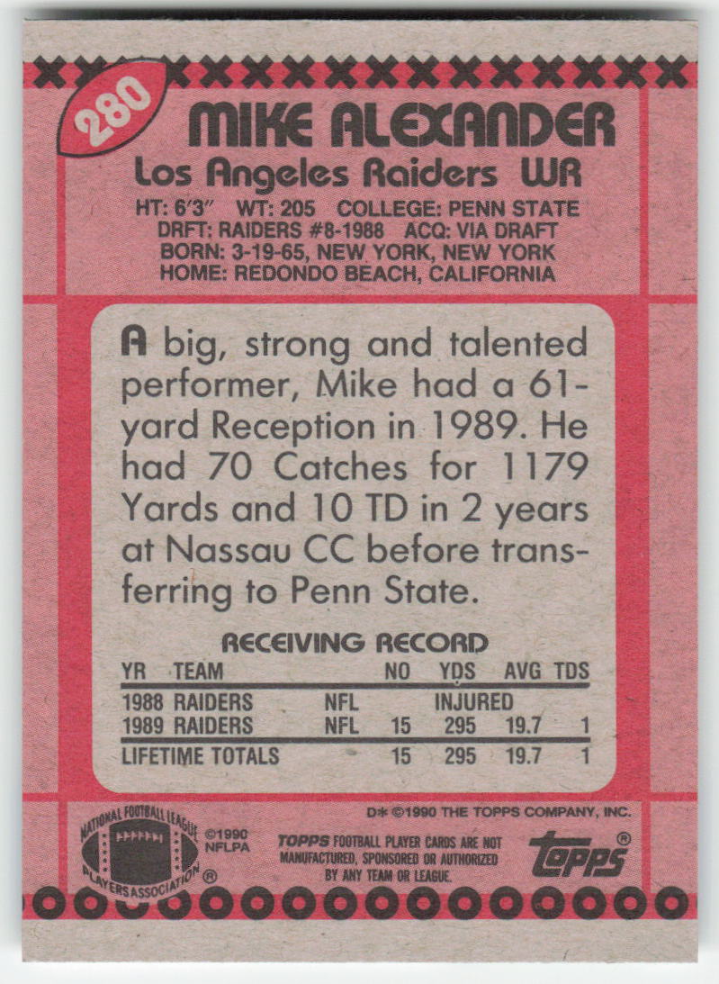 1990 Topps #280 Mike Alexander Los Angeles Raiders Rookie FB1-563