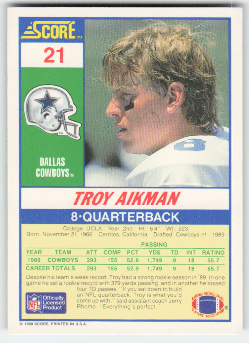 1990 Score #21 Troy Aikman Dallas Cowboys FB1-567