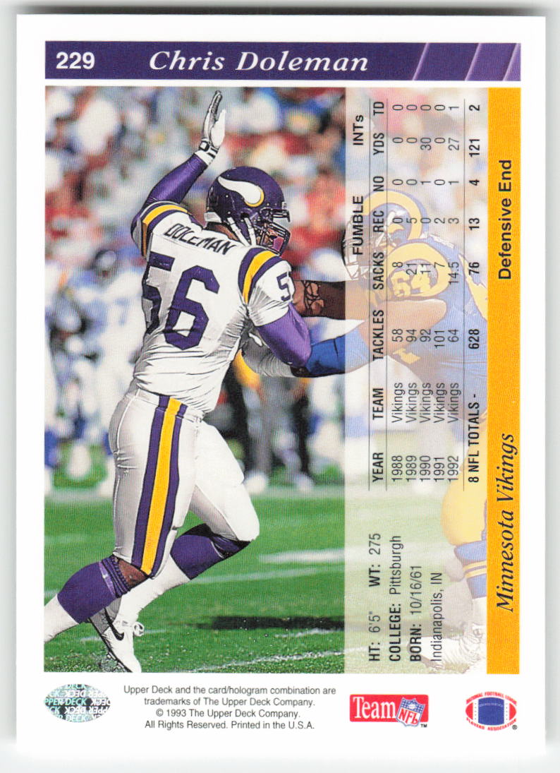 1993 Upper Deck #229 Chris Doleman Minnesota Vikings FB1-579