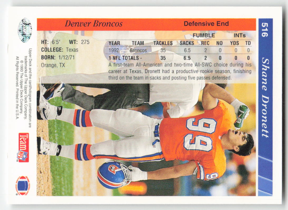 1993 Upper Deck #516 Shane Dronett Denver Broncos FB1-585