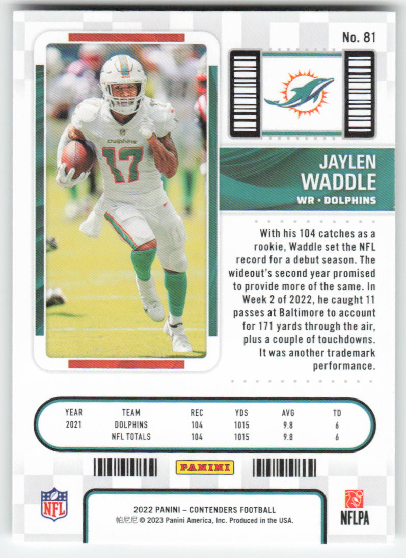 2022 Panini Contenders #81 Jaylen Waddle Miami Dolphins FB1-601