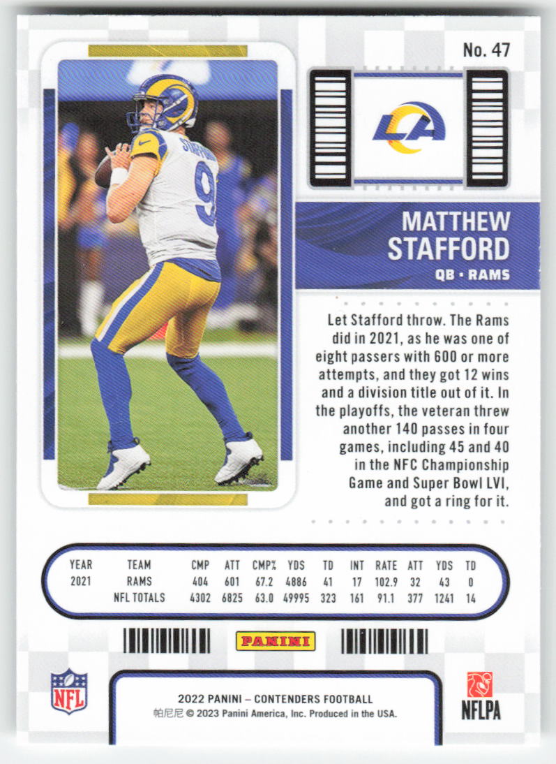 2022 Panini Contenders #47 Matthew Stafford Los Angeles Rams FB1-608
