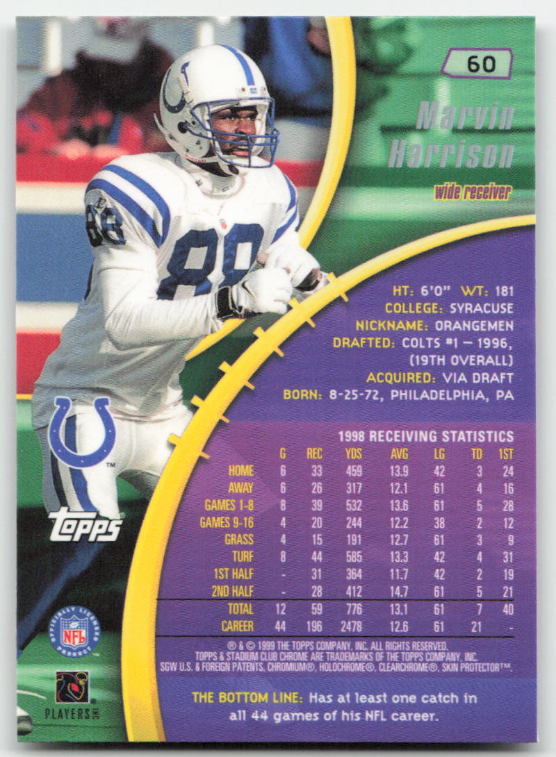 1999 Stadium Club Chrome #60 Marvin Harrison Indianapolis Colts FB1-612