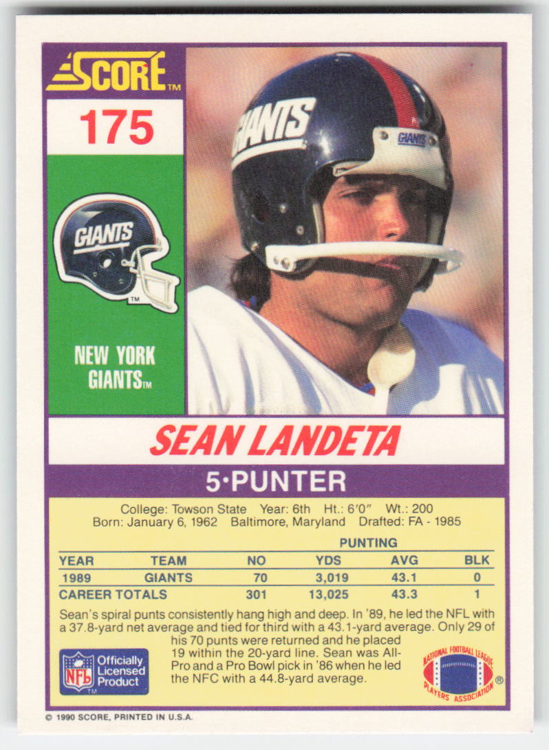 1990 Score #175 Sean Landeta New York Giants FB1-630