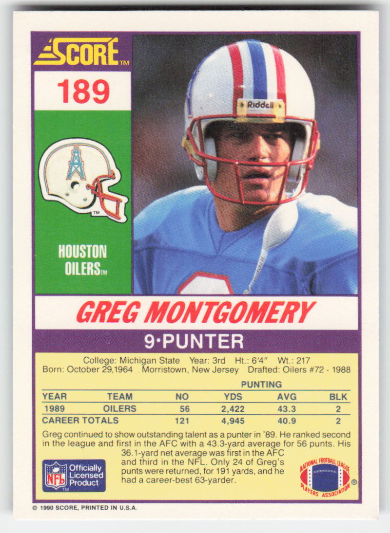 1990 Score #189 Greg Montgomery Houston Oilers Rookie FB1-631
