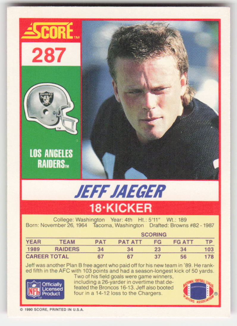 1990 Score #287 Jeff Jaeger Los Angeles Raiders Rookie FB1-632