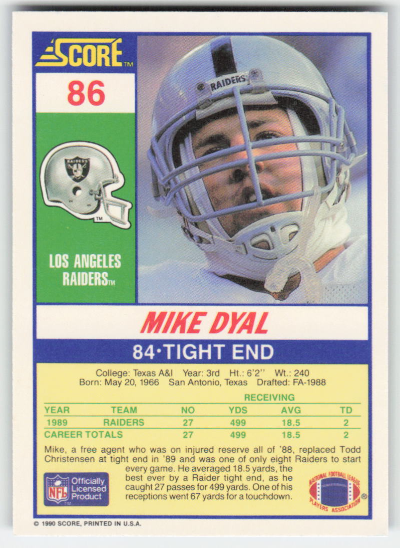 1990 Score #86 Mike Dyal Los Angeles Raiders Rookie FB1-636