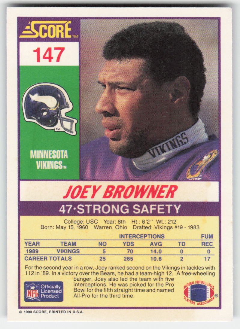 1990 Score #147 Joey Browner Back photo facing right Vikings FB1-638