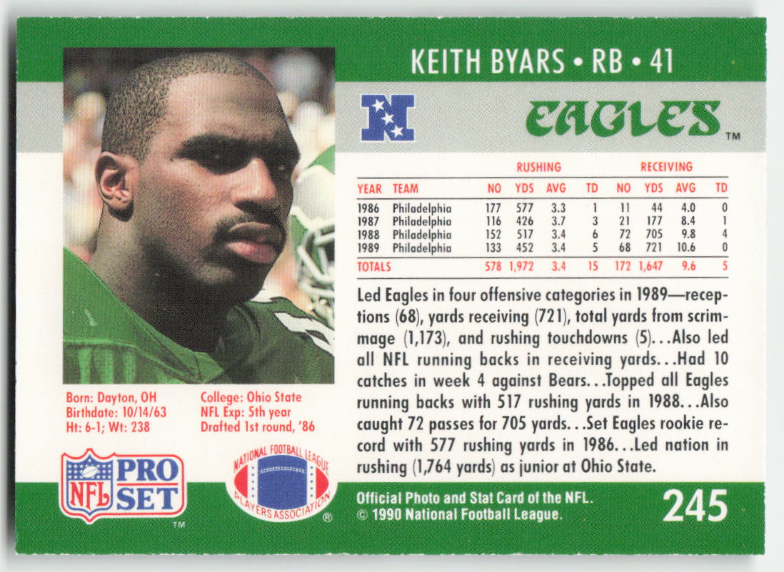 1990 Pro Set #245 Keith Byars Philadelphia Eagles FB1-649