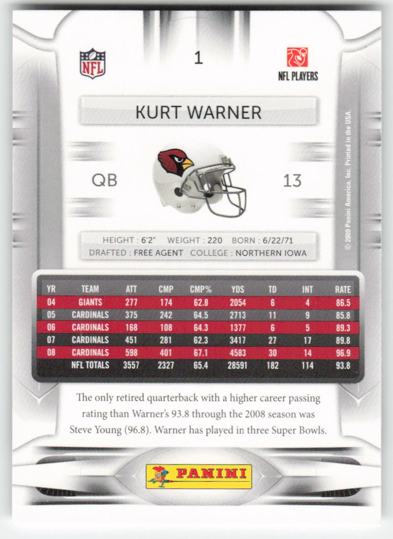 2009 Playoff Prestige #1 Kurt Warner Arizona Cardinals FB1-666