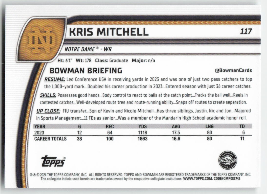 2024 Bowman University Chrome #117 Kris Mitchell Notre Dame FB1-697