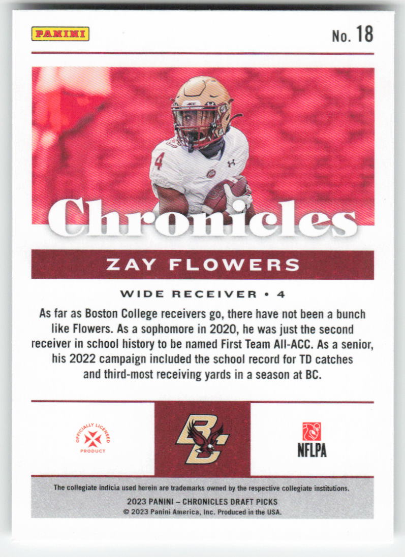 2023 Panini Chronicles Draft Picks #18 Zay Flowers Boston College Eagles FB1-723