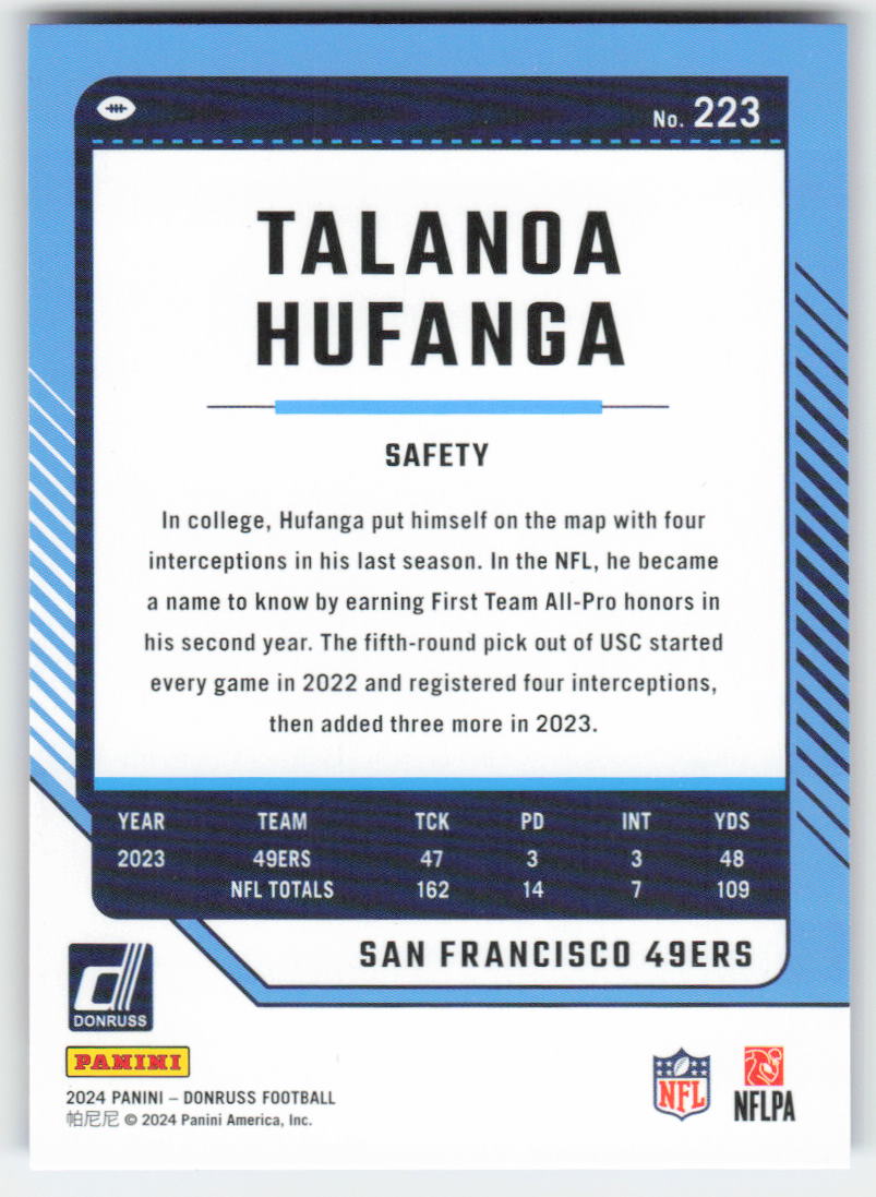 2024 Donruss #223 Talanoa Hufanga Press Proof Blue San Francisco 49ers FB1-736