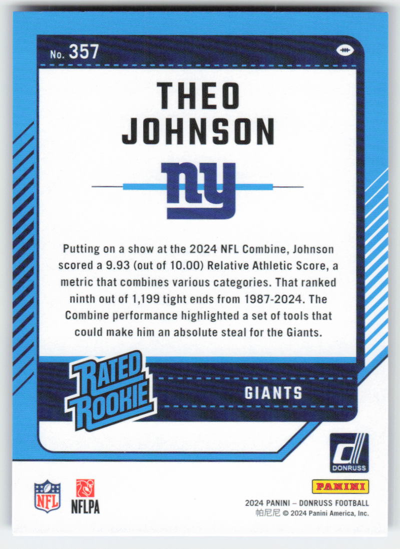2024 Donruss #357 Theo Johnson Press Proof Blue New York Giants Rookie FB1-739