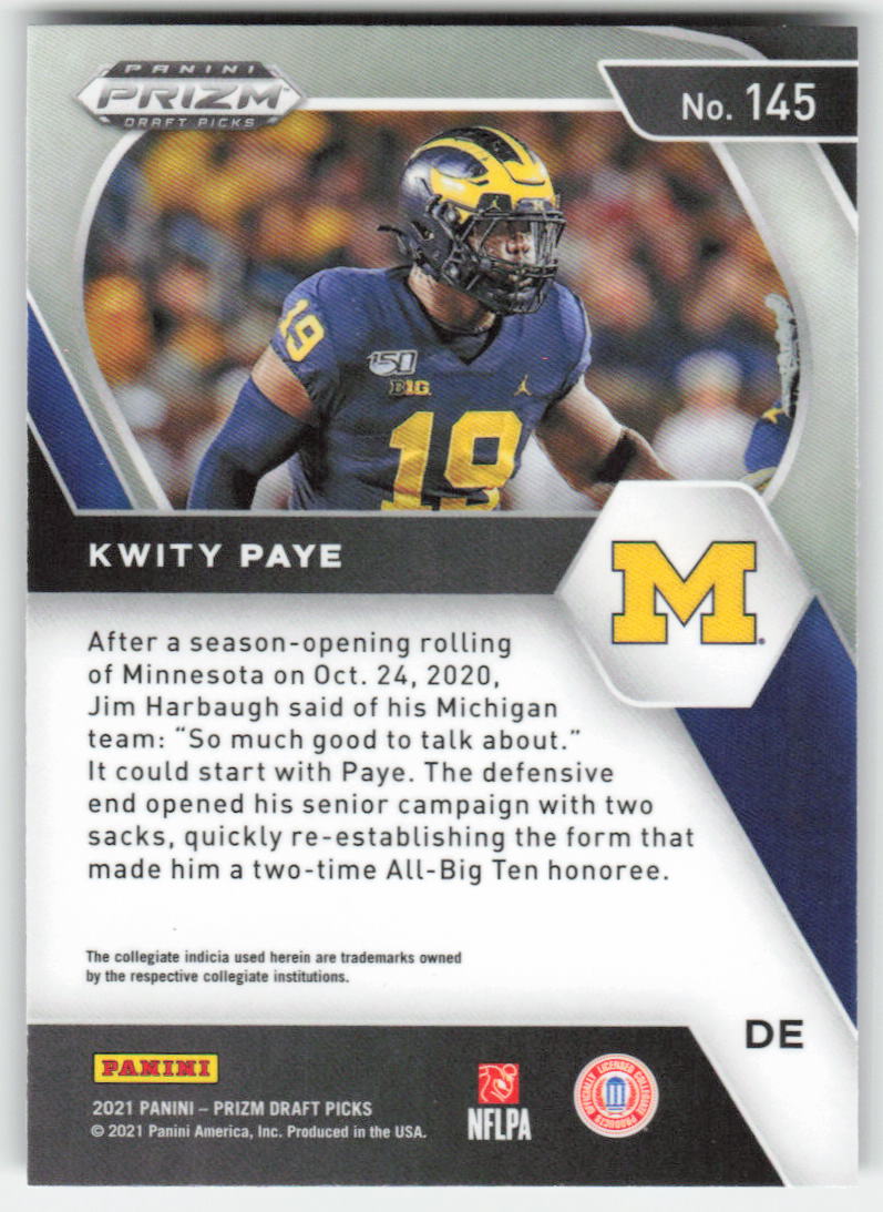 2021 Panini Prizm Draft Picks Collegiate #145 Kwity Paye Michigan FB1-800