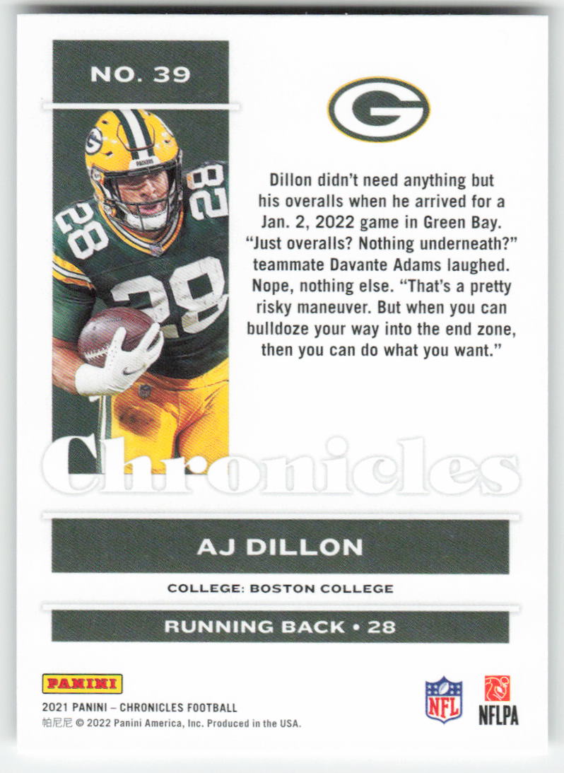 2021 Panini Chronicles #39 AJ Dillon Green Green Bay Packers FB1-804