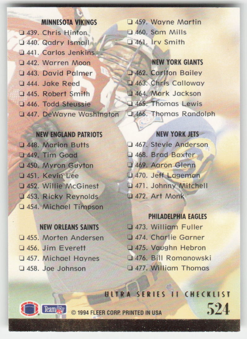 1994 Ultra #524 Checklist: 402-477 FB1-816