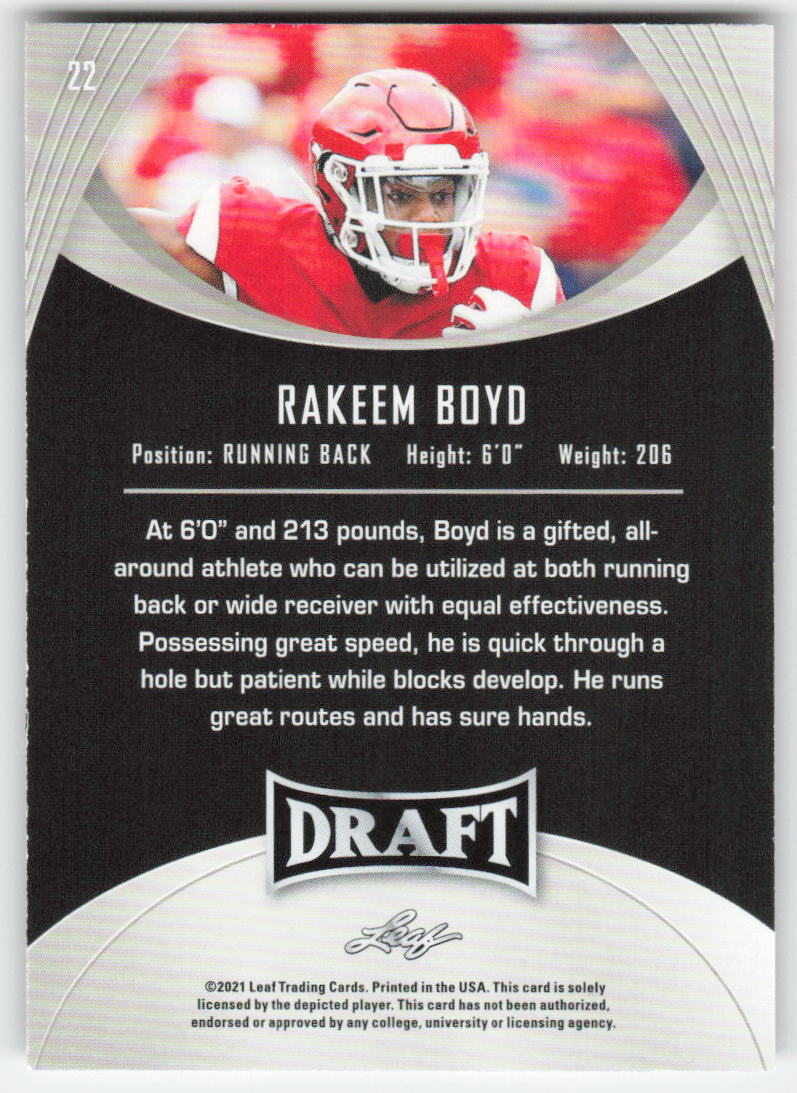 2021 Leaf Draft #22 Rakeem Boyd Arkansas Razorbacks FB1-832