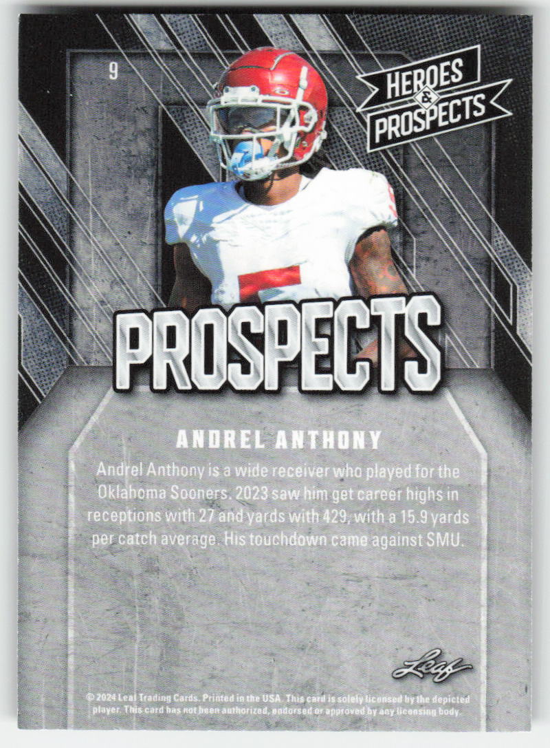 2024 Leaf Heroes & Prospects #9 Andrel Anthony Oklahoma Sooners FB1-855