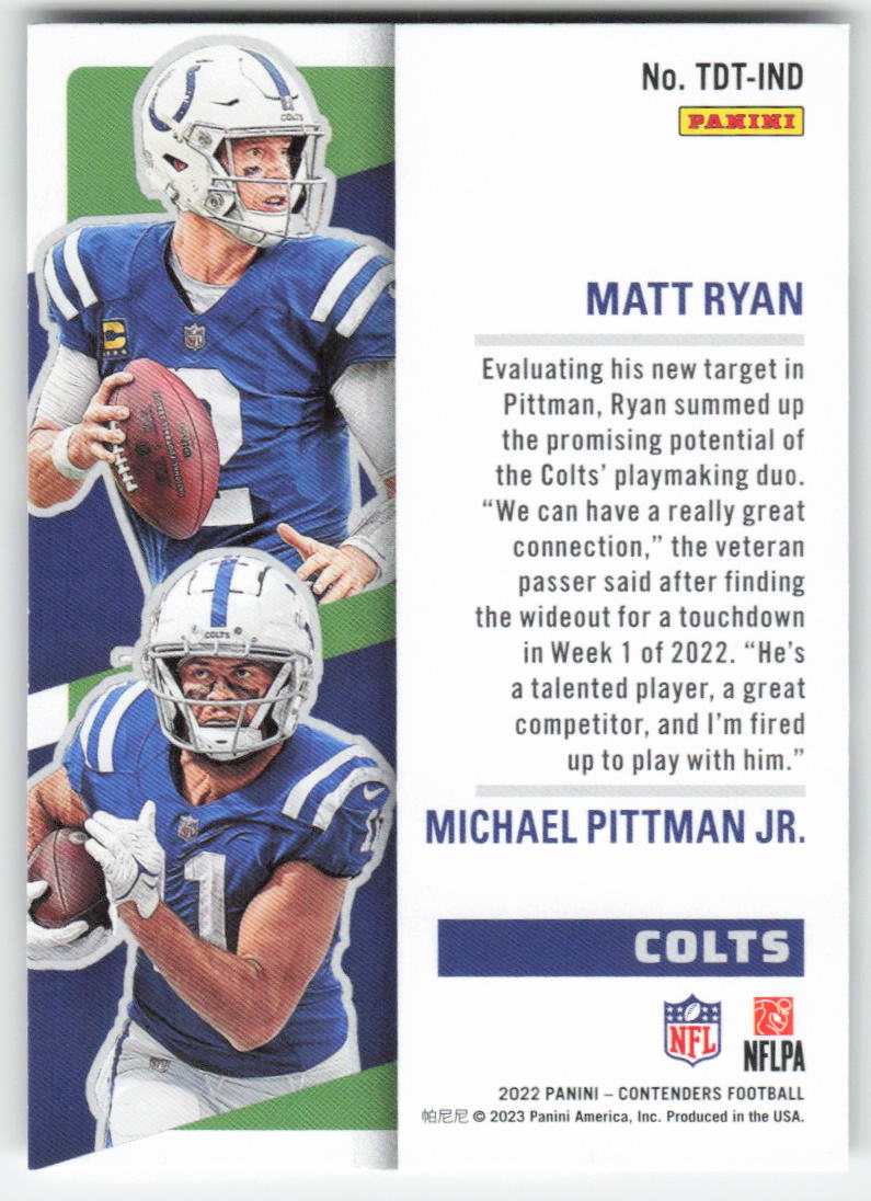 2022 Panini Contenders #TDT-IND Ryan / Pittman Jr. TD Tandems Colts FB1-857