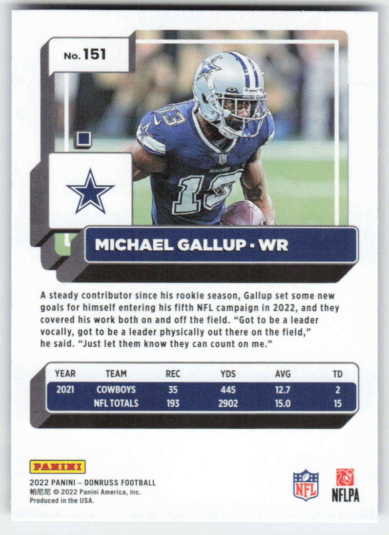 2022 Donruss #151 Michael Gallup Blue Press Proof Dallas Cowboys FB1-869