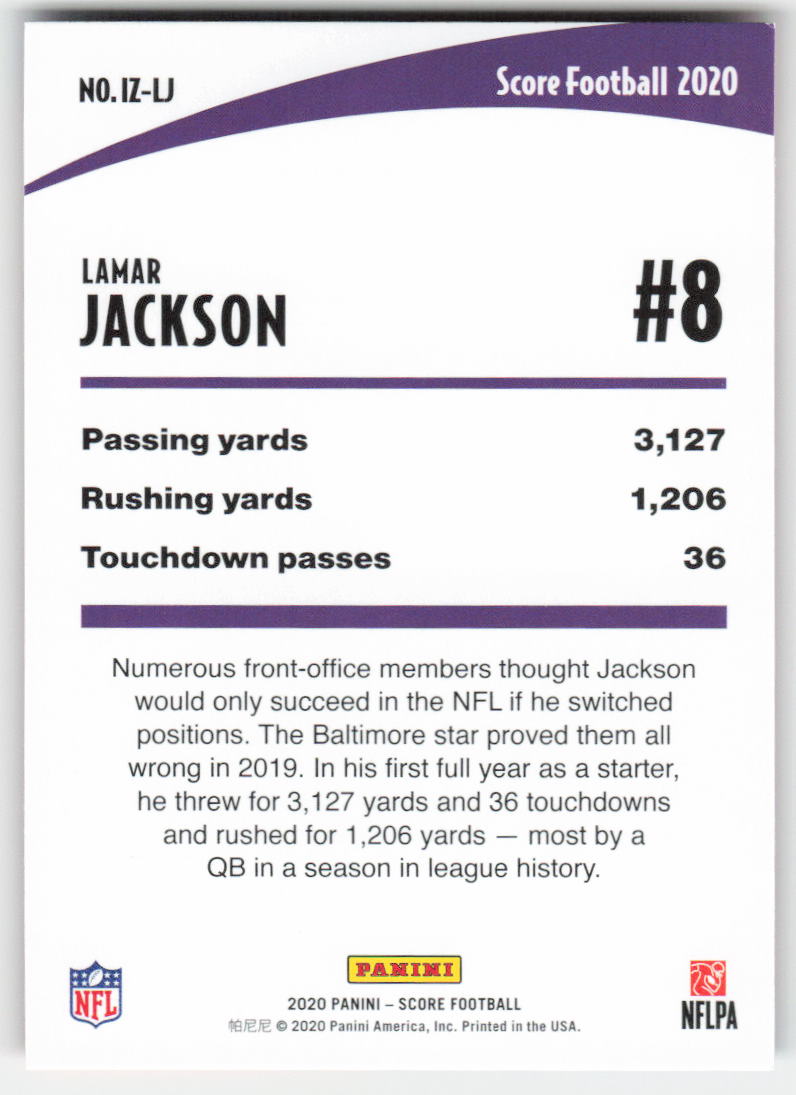 2020 Score #IZ-LJ Lamar Jackson In the Zone Red Baltimore Ravens FB1-884